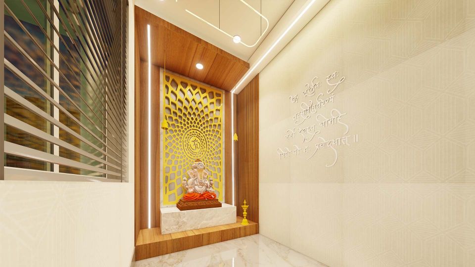 Puja room with backlit jaali design